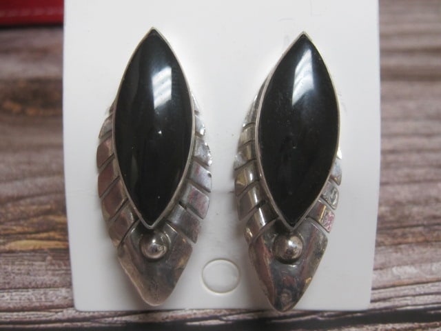 Sterling Silver Black Onyx Clip Earrings: Weighs 15 grams