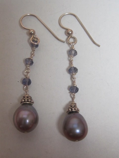 Sterling Silver Iolite and and Grey Pearl Earrings: .