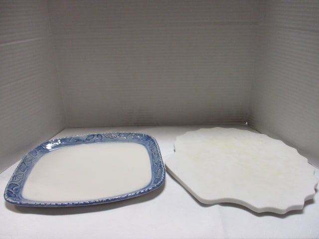 Signed Stoneware Pottery Shell Platter and Marble Shell Trivet: 12" x 10 1/2" and 12 1/2" x 11 1/2"