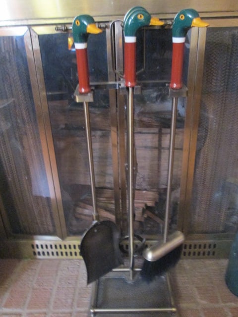 Antique Brass Finish Handpainted Mallard Duck Head Fireplace Set (1 of 6)