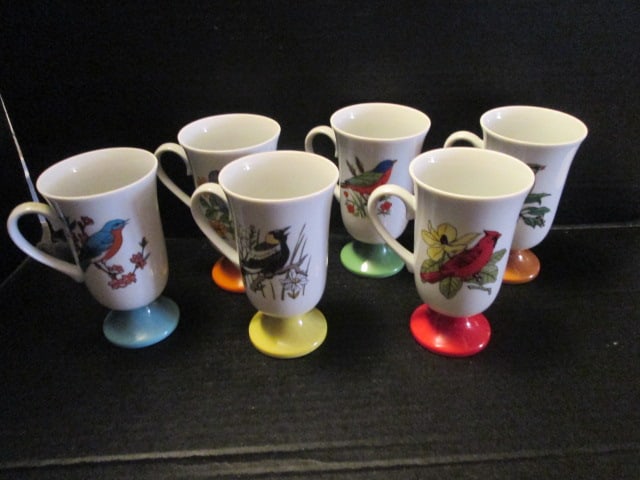 Six Handpainted Song Bird Irish Coffee Cups: 5 1/2"h