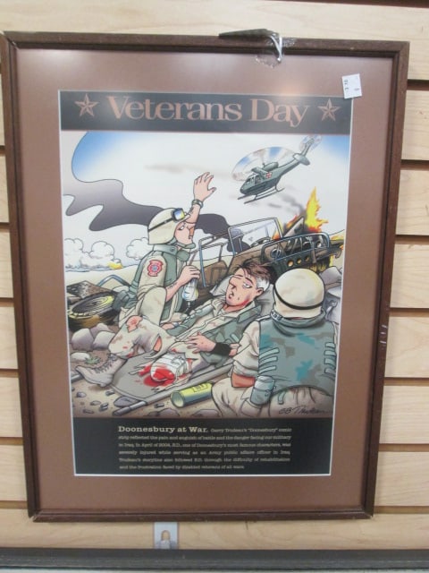 Gary Trudeau "Veterans Day Doonesbury at War" Framed Print: 14 3/4" x 19 1/2", three corners are separated