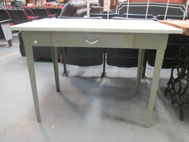 Vintage 1950s Metal Kitchen Table with Drawer and Formica Top: 40" x 25" x 30 1/2", some chips on top edges, Local Pickup Only