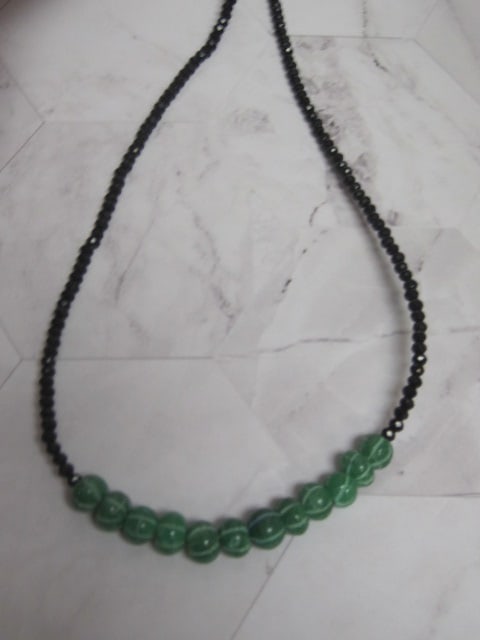 22" Jade Bead and Black Crystal Necklace with Sterling Silver Clasp: .