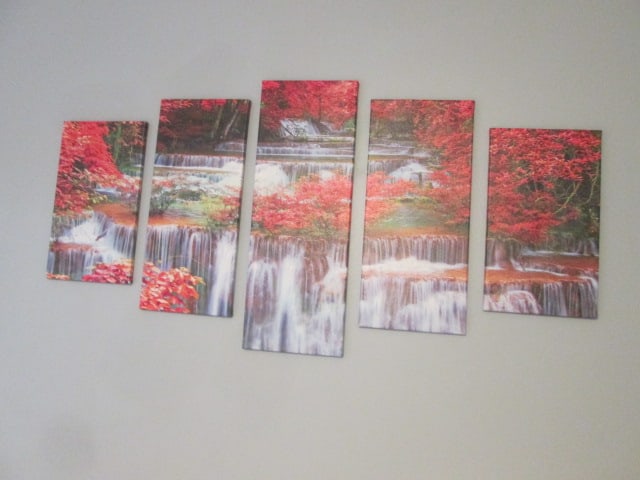 5 Panel Stretched Canvas Waterfall Landscape Wall Art: Panels measures (2)8" x 13 3/4", (2)8" x 17 3/4", (1)Center 8" x 21 3/4"