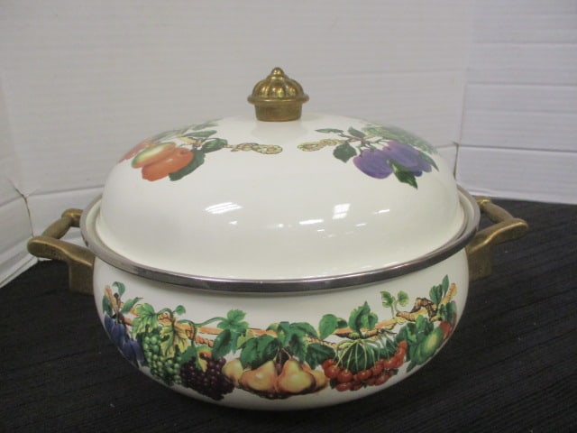 Tabletops Unlimited Vitroceramic Decorative Covered Casserole with: Brass Knob and Handles, 13" (to handles) x 9", some wear on inside