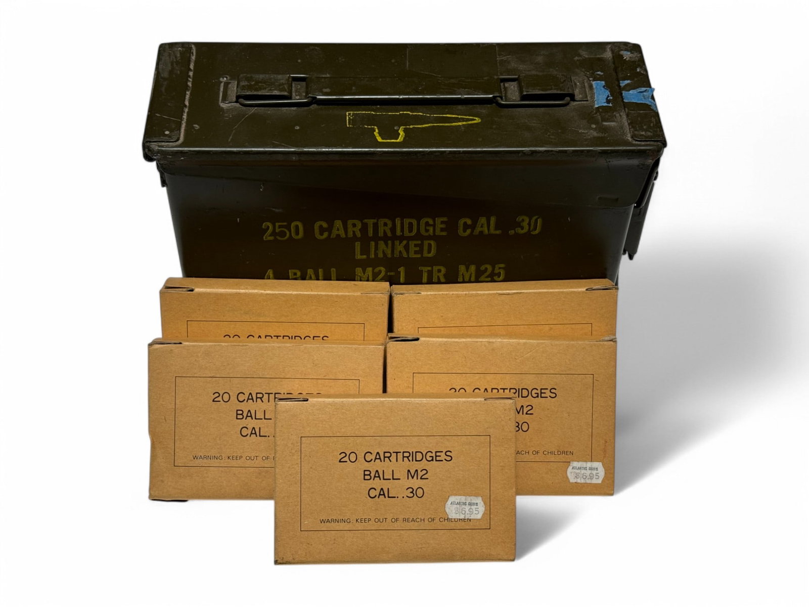 NIB 98rds. of .30-06 SPRG. 150gr. FMJ BALL M2 PMC Ammunition in Metal Can: 4 boxes of 20 rounds each and 1 box of 18 rounds