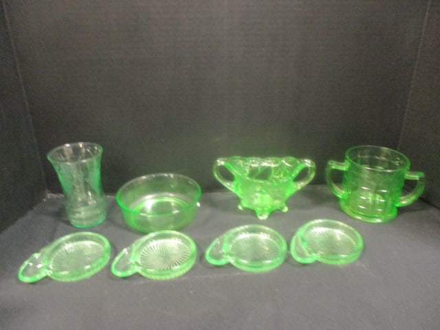 Grouping of Vintage Green Uranium Glass - Bowls, Vase, Ashtrays, etc.: 4 1/2" to 5", some chips, see pictures and preview for selection