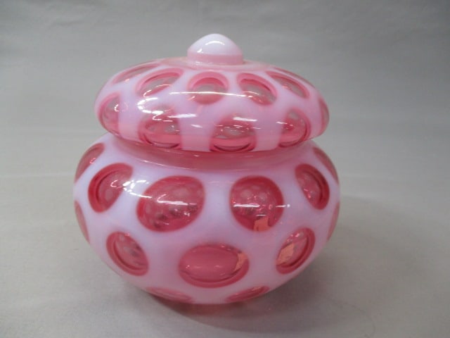 Fenton Cranberry Opalescent Coin Dot Candy Dish w/Lid 4 1/2": .