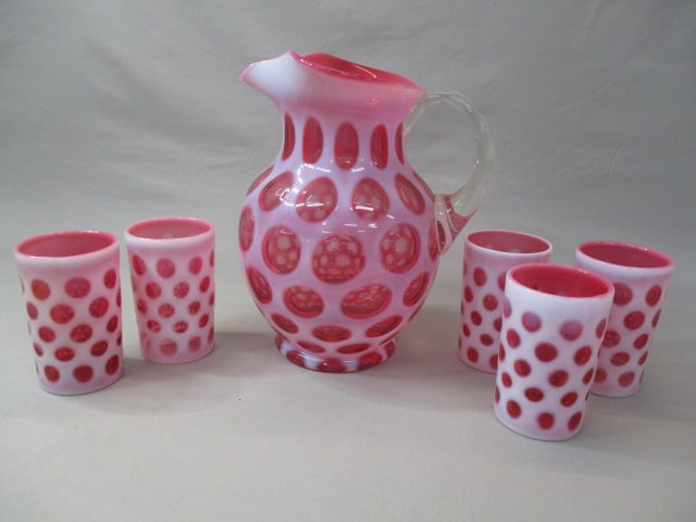 Fenton Cranberry Opalescent Coin Dot 9 1/2" Pitcher w/ Ice Lip & 5 Glasses 4" (1 of 7)