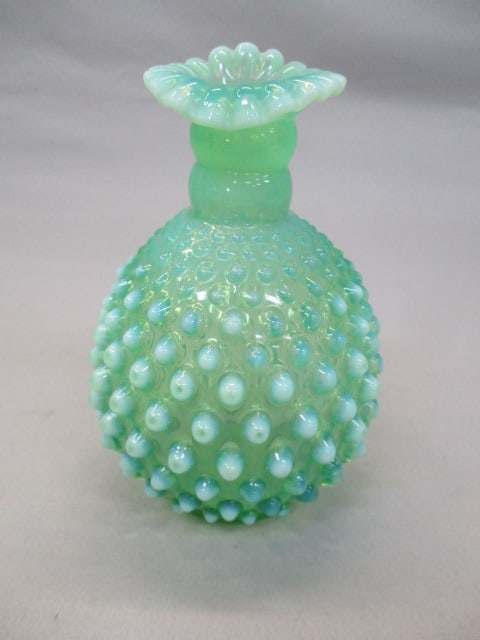 Fenton Vaseline Green Opalescent Hobnail Vase 5 1/2": .
