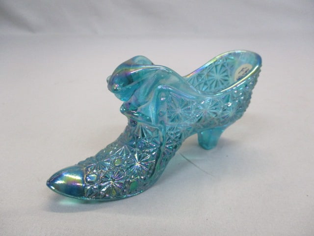 Fenton Aqua Blue Cat Head Glass Slipper 6"w X  2 3/4" (1 of 5)