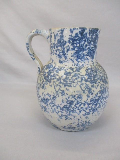 Vintage Stoneware Blue & White Spongware Pitcher 9 1/2": .