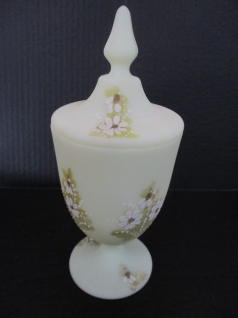 Fenton Custard Glass Covered Candy Dish Hand Painted (1 of 7)