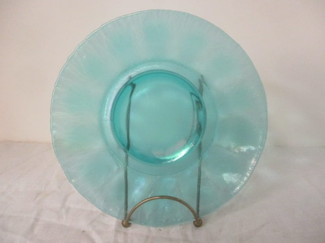 Antique Imperial Ice Blue Stretch Art Glass Plate with Brass Stand: 8 1/2"