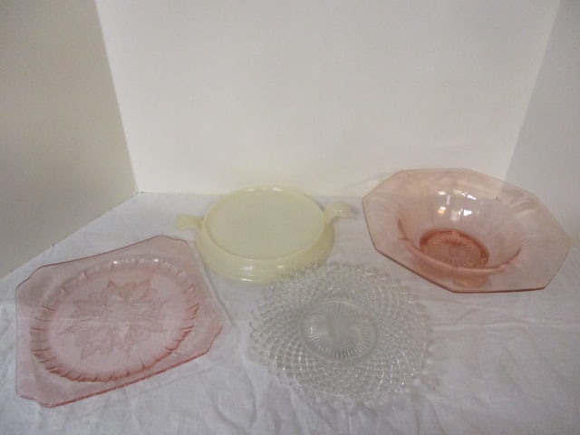 Vintage Pink Depression Glass Bowl and Plate, Fire King Ivory Trivet, and: Diamond Cut Glass Plate, 8 1/4" to 10", see pictures and preview for selection and condition