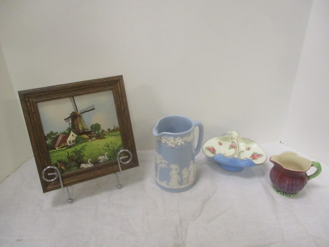 Lot of Vintage Porcelain Pieces - Wedgwood Pitcher, Royal Doulton Basket,: Staffordshire Pitcher, and Holland Tile, 3" to 7 1/2", see pictures and preview for selection and condition