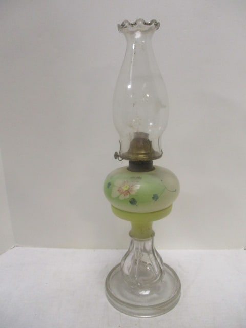 Antique Painted Glass Oil Lamp: 20"