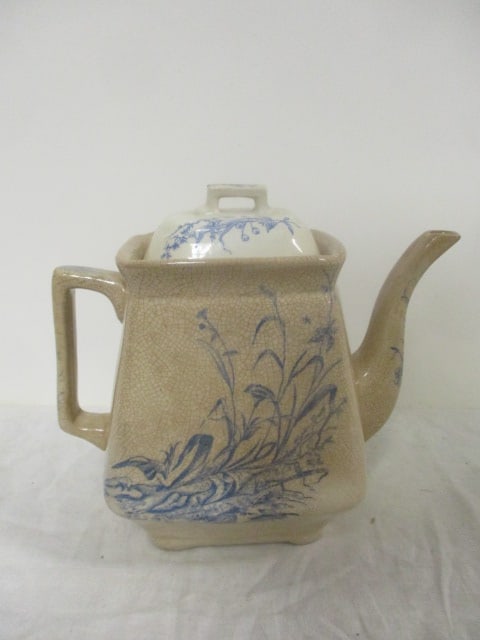 Antique Blue and White Teapot: 8 1/2", some discoloration, crazing, and nicks