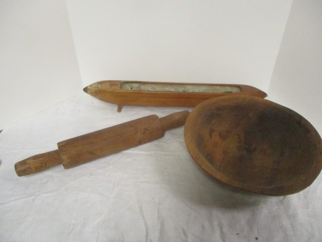 Vintage Wood Dough Bowl, Rolling Pin, and Planter: see pictures and preview for selection and condition