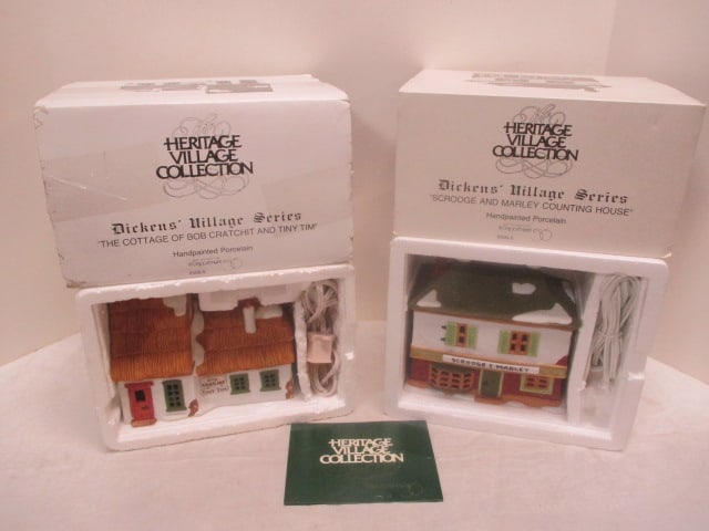2 Department 56 Dickens' Village Series Handpainted Porcelain House Sculptures: in Original Boxes - "Scrooge and Marley Counting House" and "The Cottage of Bob Cratchit and Tiny Tim"