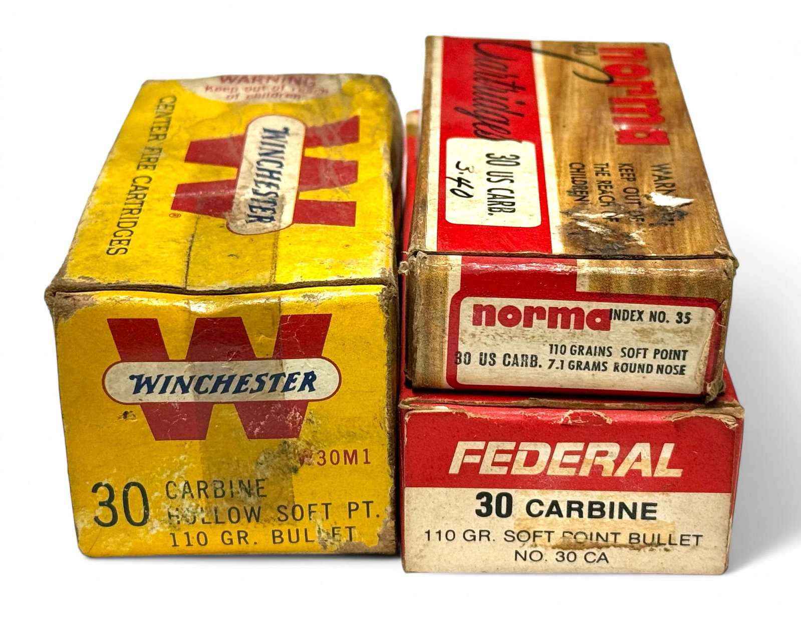 90rds. of Various .30 CARBINE Vintage Ammunition: Box of Winchester HP, box of Norma SP and a box of Federal SP with mixed Federal and Remington head stamps
