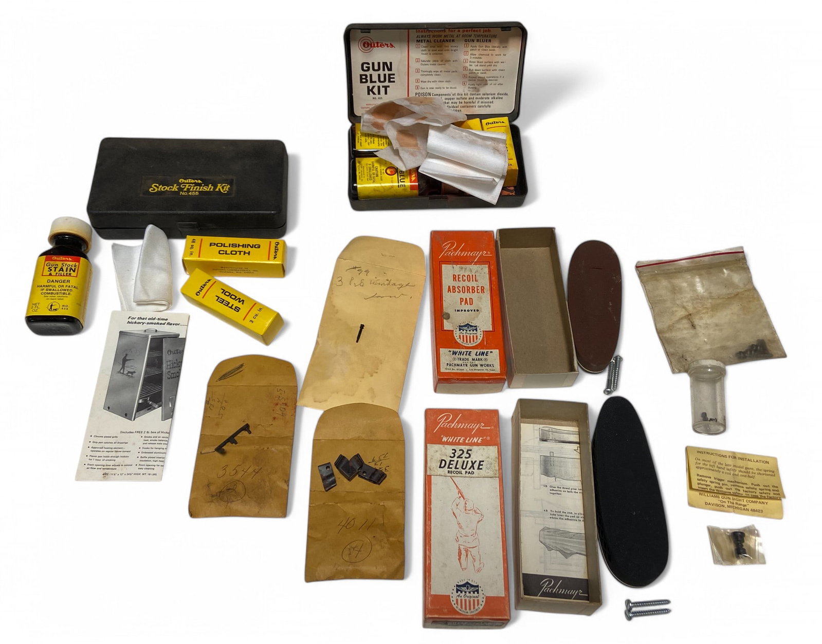 Lot of Miscellaneous Gun Parts - Pachmayr Recoil Pads, Outers Gun Blue and Stock Finish Kits: Includes a Williams Giant Head safety for Model 760. See photos for what else is included