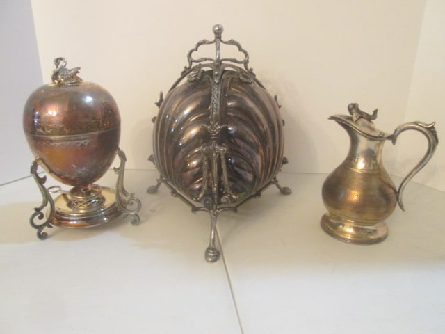 Eales 1779 Italian Silverplate Shell Bun/Biscuit Warmer, Swan Finial Silverplated: Egg Coddle/Warmer and B. Meriden Co. Silverplated Syrup Pitcher with Grape Cluster Finial