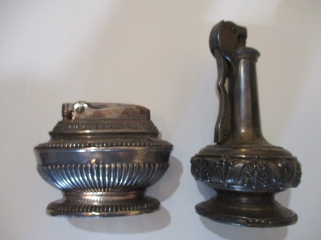 Vintage Silverplated Ronson "Decanter" and "Queen Anne" Table Lighters: Decanter 4 1/2"h, Queen Anne 2 1/2"h(has some surface finish peeling)
