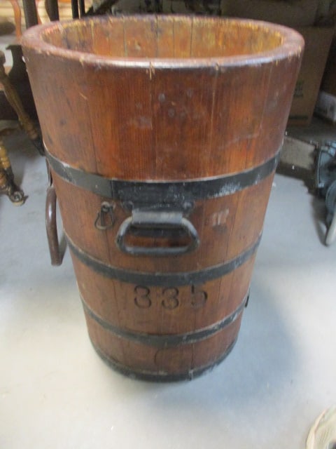 Old Beser & Co. #335 G Banded Wood Barrel Cask: 14 1/2"dia x 22 1/2"h, has wrought iron handles and drain hole, Local Pickup Only