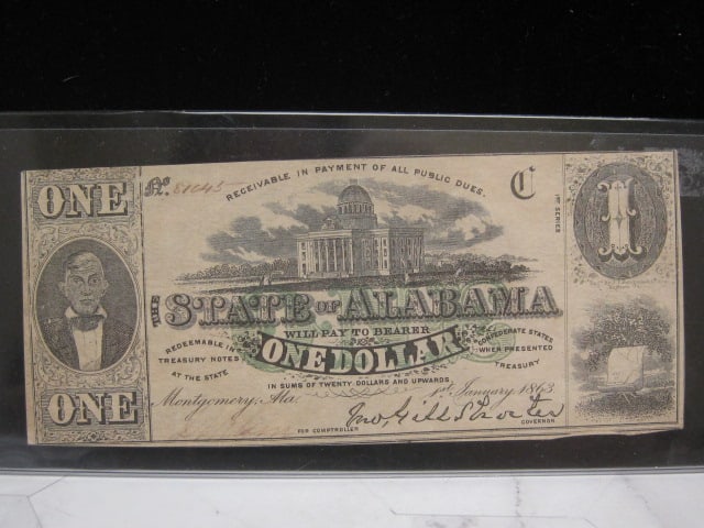 1863 Confederate $1 Montgomery, AL Note: #81645, signed, Scarce
