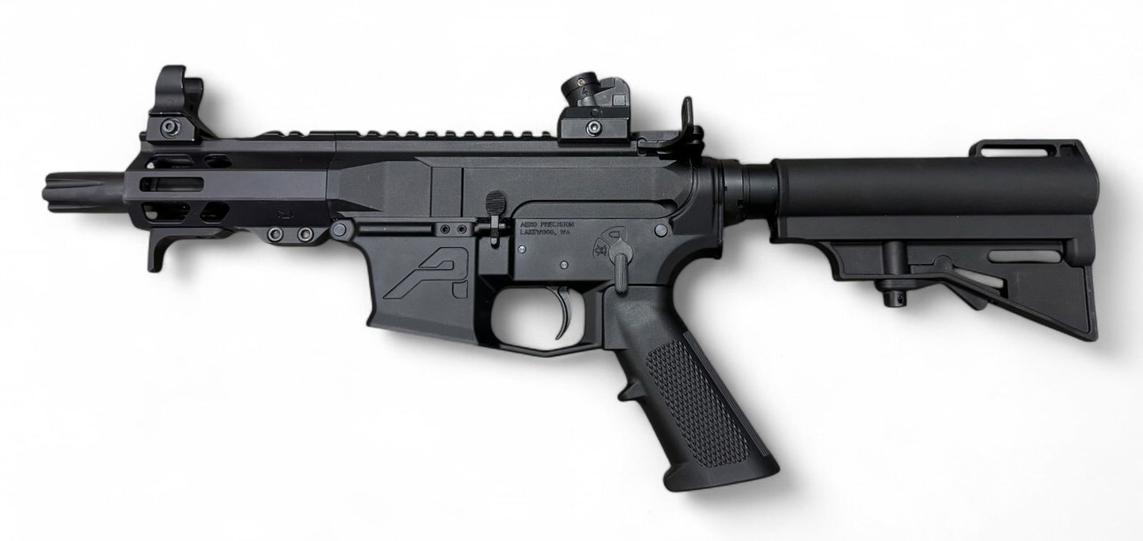 Excellent Aero Precision EPC-9 Semi-Automatic 9mm AR9 Pistol: S#: SF-072823 | 5.5” Barrel with birdcage flash hider | Diopter Sights | Accepts Glock, Magpul, and KCI Drum Magazines |||| CONDITION: Excellent, like new. May be new. Mechanically functions smo