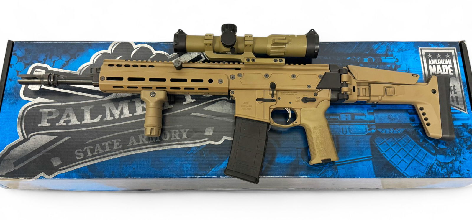 NIB PSA JAKL 13.7" 5.56mm FDE Semi-Automatic Piston Rifle w/ Folding Stock & LPVO Scope: S#: J5004221 | 13.7" Barrel with JMAC Pin & Welded Muzzle Device for 16" length (1:7" Twist Rate) ( Thread Pitch: 1/2x28") | (2) 30-Round Magazines | Equipped with FDE Monstrum Spectre 1-8x28 FFP LPVO