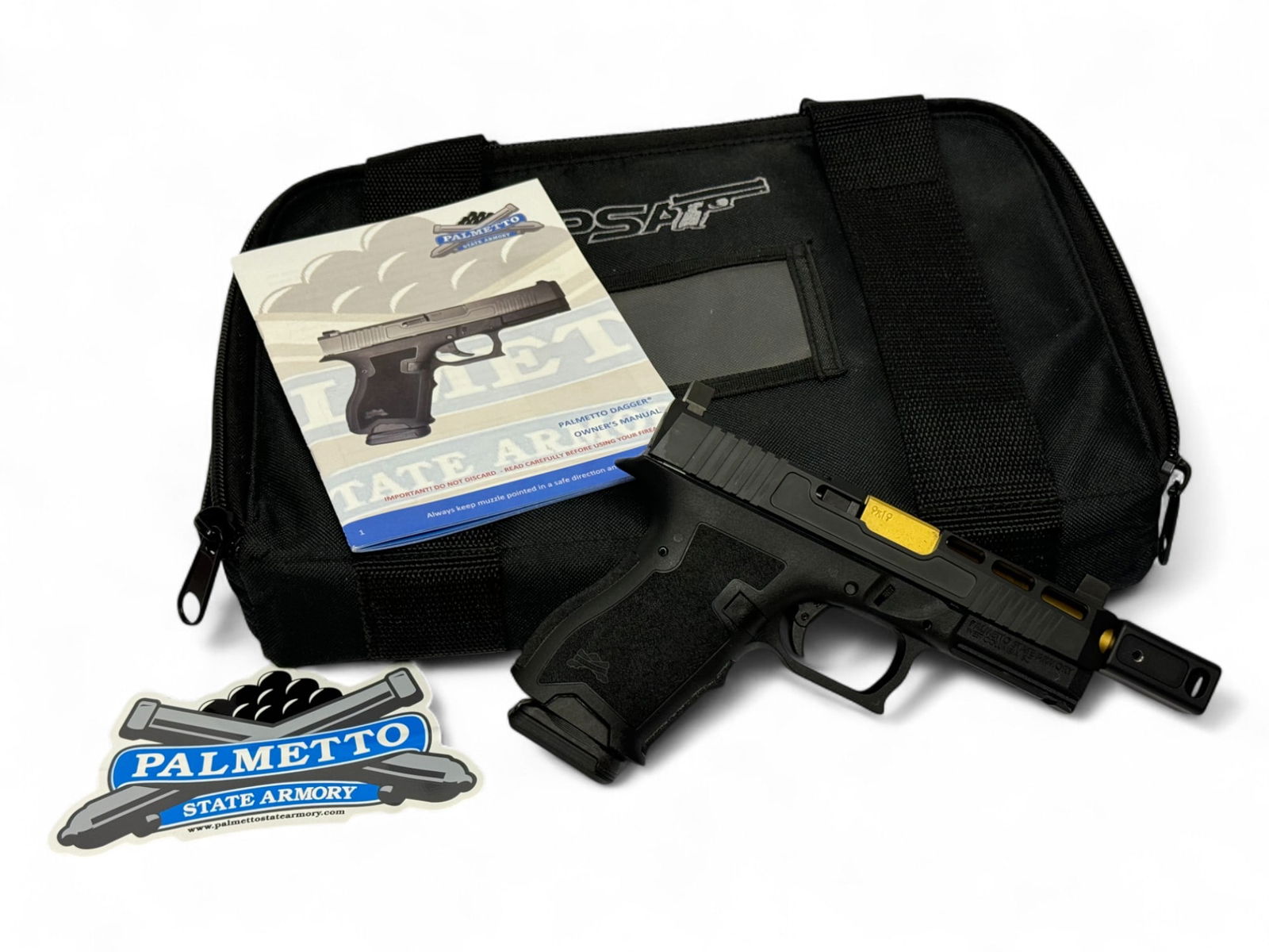NIB PSA Dagger Complete SW4 RMR 9MM Semi-Auto Pistol w/ Gold-Threaded Barrel & KE Compensator: S#: FG120055 | (1) 15-Round Magazine | Equipped with a KE two-port enhanced compensator with long threads | Comes in Factory soft range carry case with Matching Label, RMR optics plate and Manual | Al