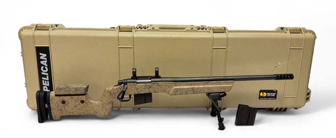 Excellent Remington Model 700 SPS Tactical AAC-SD .308 WIN. Bolt Action Sniper Rifle w/ Case: S#: G7166011 | 20” Barrel with 1:10” Tactical Rifling | Nice jeweled bolt with upgraded bolt handle | Equipped with Leupold Scope Rings | Tan with webbing Bell & Carlson Medalist A5 Tactic