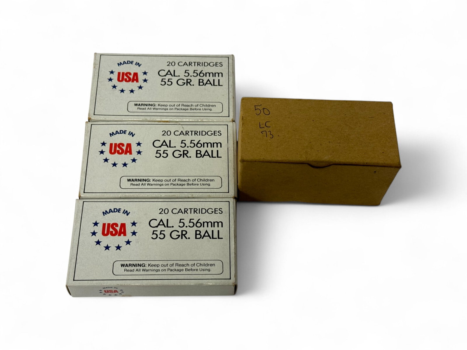 110rds. of 5.56mm NATO 55gr. BALL Military Surplus Ammunition: (3) Boxes of 20 Rounds each & (1) Box of 50 rounds LC 73 Headstamp Ammunition