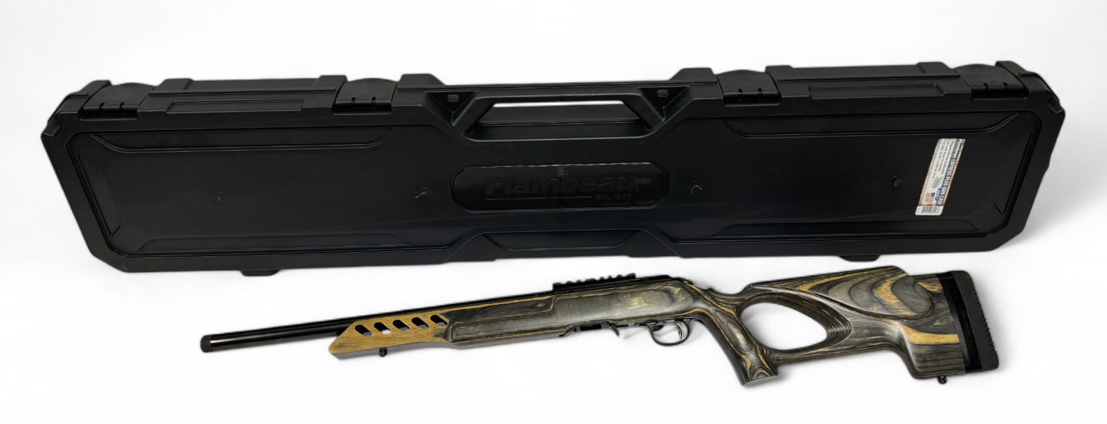 Excellent Ruger American Rimfire Target .22 LR Bolt Action Rifle w/ Threaded Barrel in Hard Case: S#: 834-32272 | Model: 8360 | Hard-to-find, sold out model | 18" Threaded Barrel | Gray Wood Thumbhole Stock with LOP Spacers installed | Factory-installed one-piece aluminum scope rail | Sling Swivel