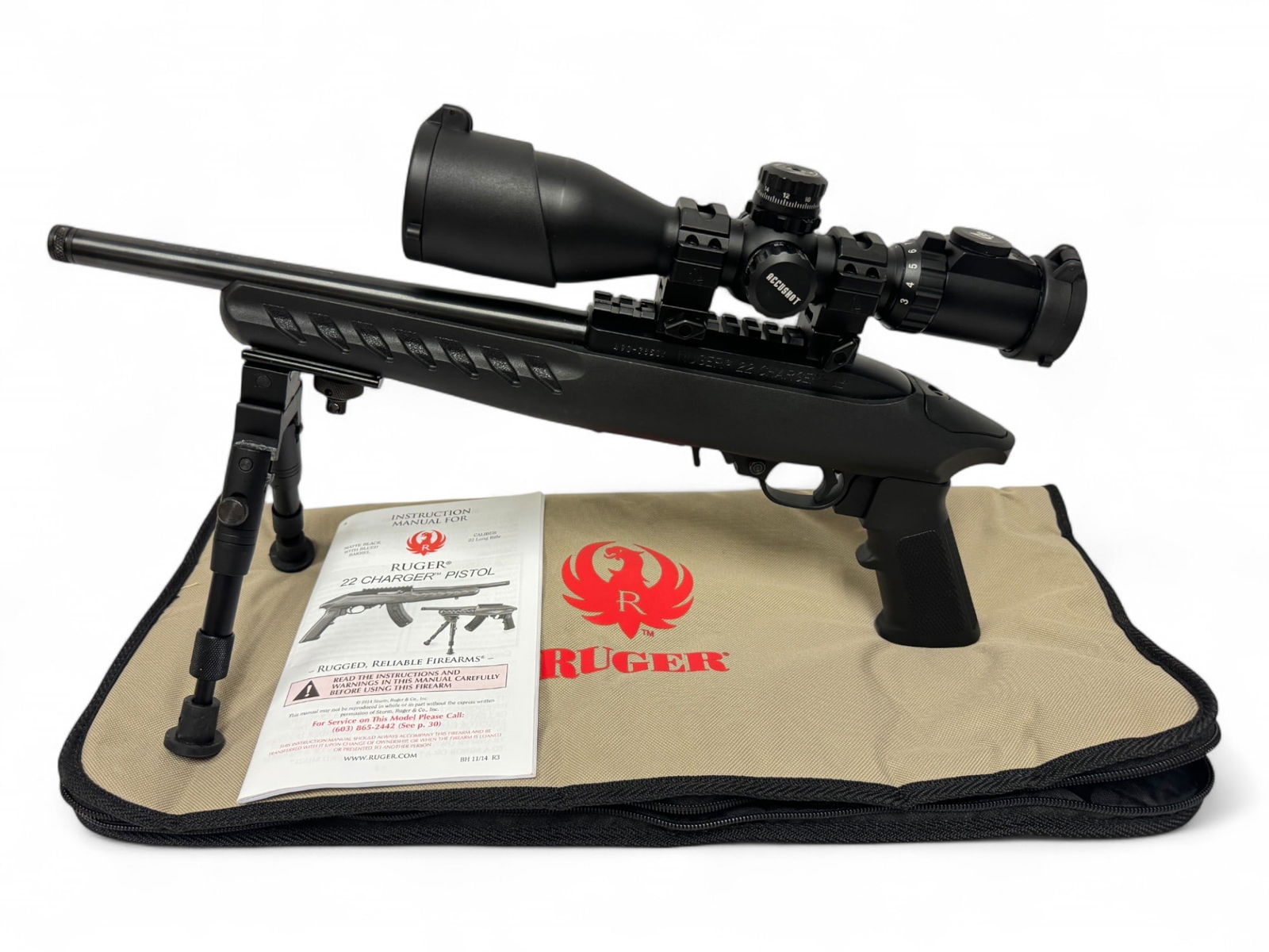 Excellent Ruger Charger .22 LR Semi-Automatic Pistol with Threaded Barrel, Scope, Bipod in Case: S#: 490-78507 | 10" Threaded Barrel | (1) 10-Round Magazine | Equipped with EZ Tap Accushot 3-12x44 Mini SWAT Mil-Dot Illuminated red/green scope with lens covers and adjustable bipod | Scope comes on