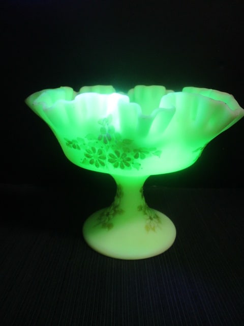 Fenton Handpainted Custard Uranium Glass Compote by Susan Lee (1 of 9)