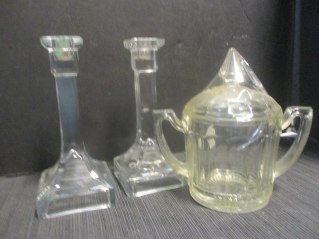 Vintage Depression Glass ? Sugar Bowl & PR of Glass Candlesticks: .