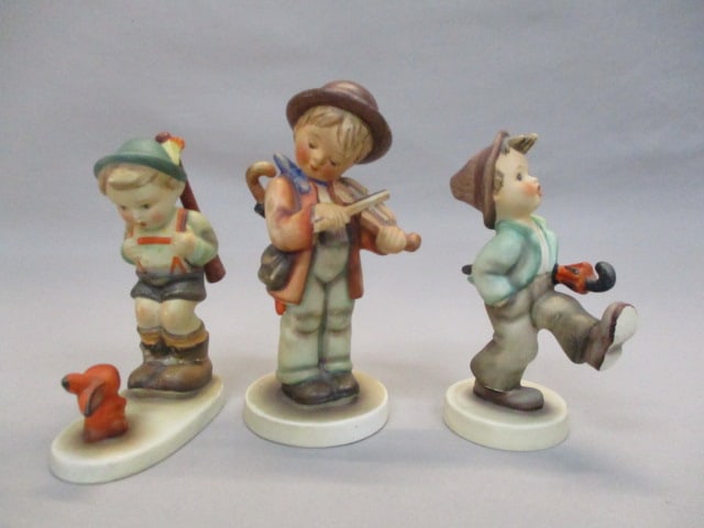 3 Goebel Hummel Figurines "Little Fiddler"  6" - "Happy Traveler"  5" - "Sensitive Hunter " 5"  Has (1 of 13)