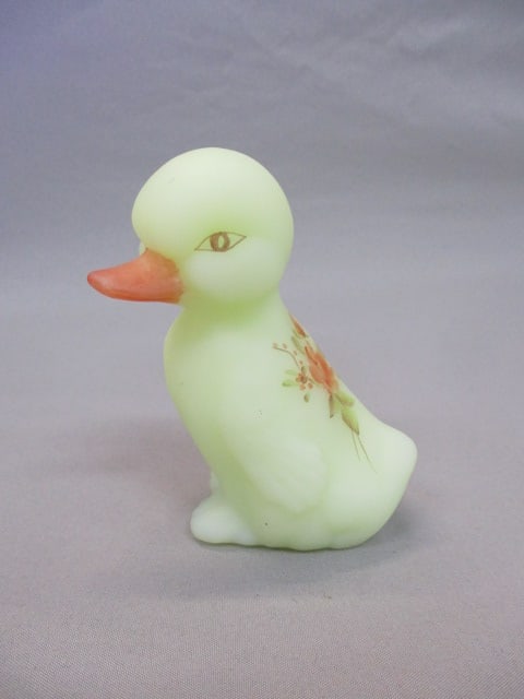 Fenton Custard Satin Burmese Vaseline/Uranium  Duckling Signed 3 1/2" (1 of 5)