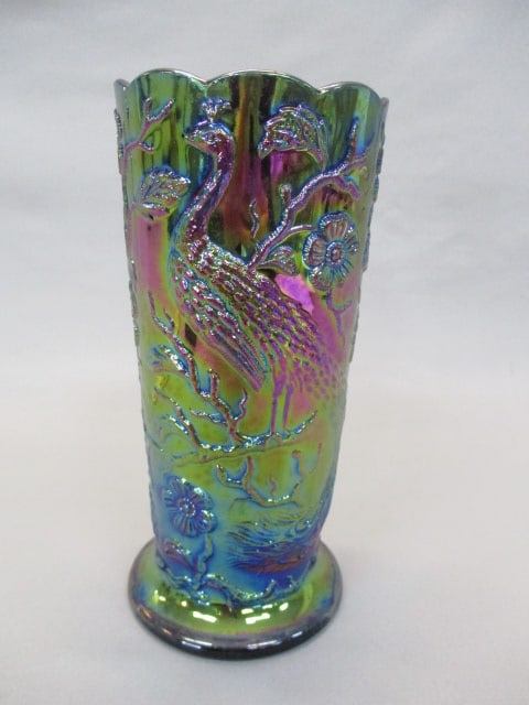 Vintage Fenton Black Amethyst Glass Vase w/Peacock & Floral Design 8" (1 of 5)