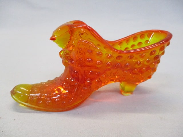 Fenton Amberina Orange Hobnail Cat Head Shoe 6" x 3": .