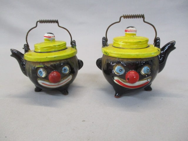 1950's Redware Black Clown Face Teapot Salt & Pepper Shakers 3 1/2": .