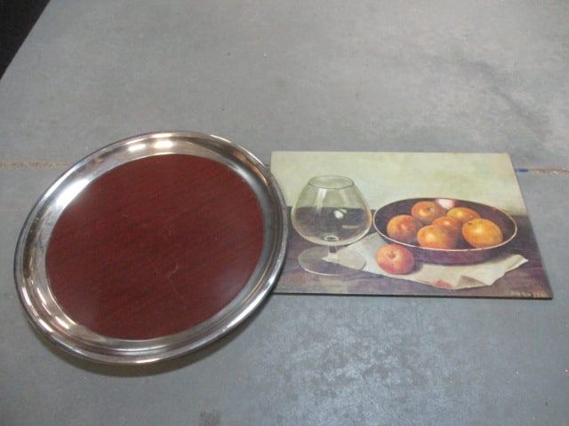 Cranamid Formica Stainless Rim Tray and 1971 Lithograph Still Life Trivet: Tray 12"dia, trivet 12" x 8"