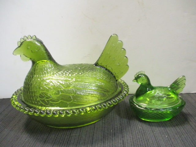 Avocado Green and Bright Green Hen on Nest Covered Animal Dishes: Avocado 7" long, bright green 3 1/2" long