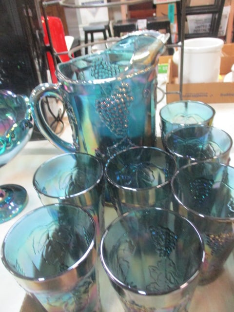 Vintage Indiana Glass "Blue Harvest Grape" Carnival Glass Pitcher and 7 Tumbler Glasses (1 of 9)