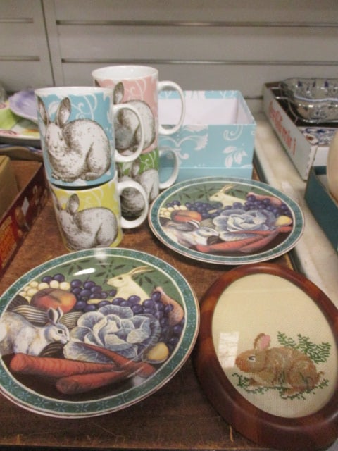 Set of Four Unused Rabbit Mugs in Box, Crossstich Rabbit Picture and Two Rabbit Plates.: See Pictures for Details.