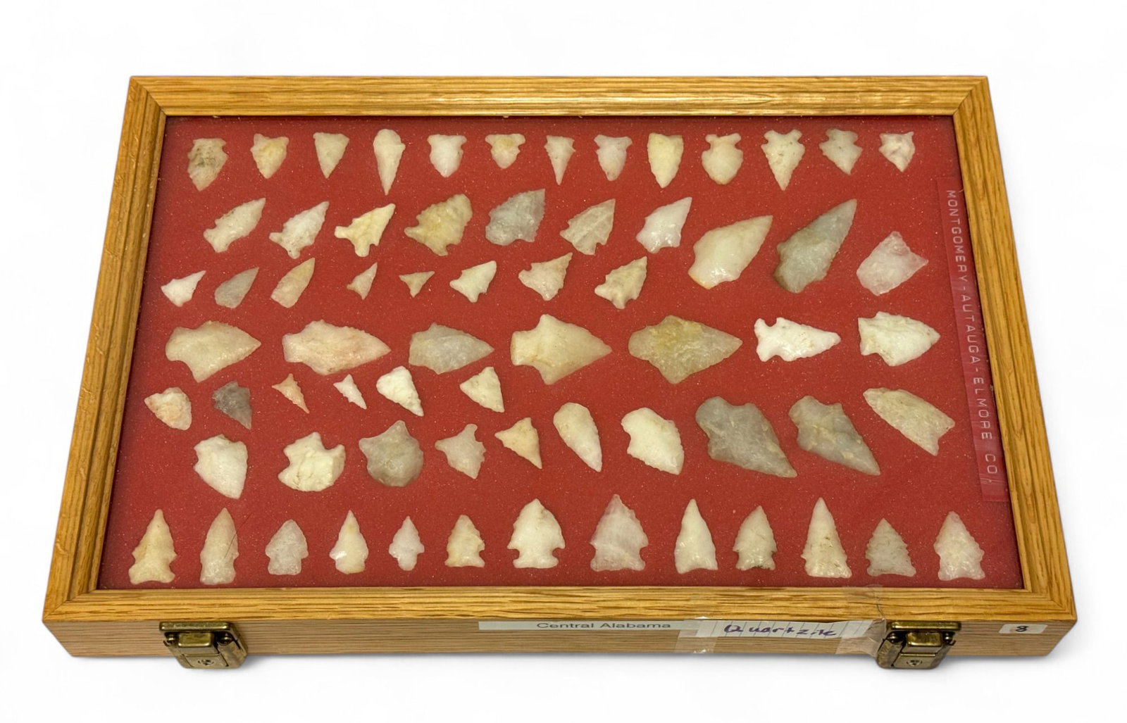 67pc. Curated Ancient Native American Quartzite Projectile Point Cased Display from Central Alabama (1 of 20)